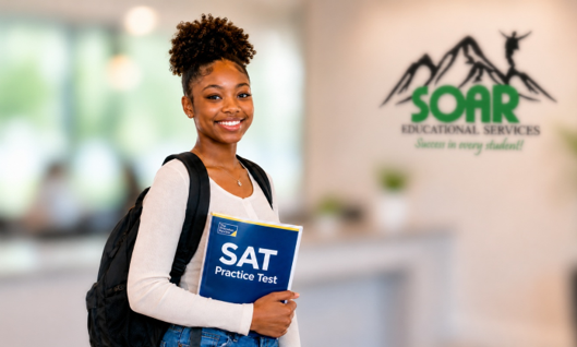 A confident Black teenage girl between the ages of 15 and 17 wearing a bookbag, standing and smiling with a practice test booklet in her hand. The background is a softly blurred modern tutoring center with clean walls and natural light. She looks motivated, prepared, and ready. Photorealistic, bright, warm tones, shallow depth of field, professional photography style.